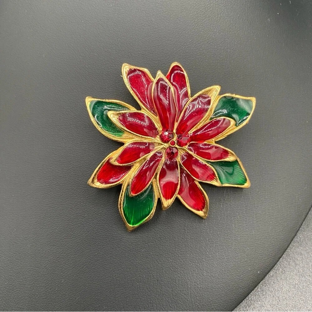 Vintage Poinsettia Enamel Pin - Christmas Floral Brooch